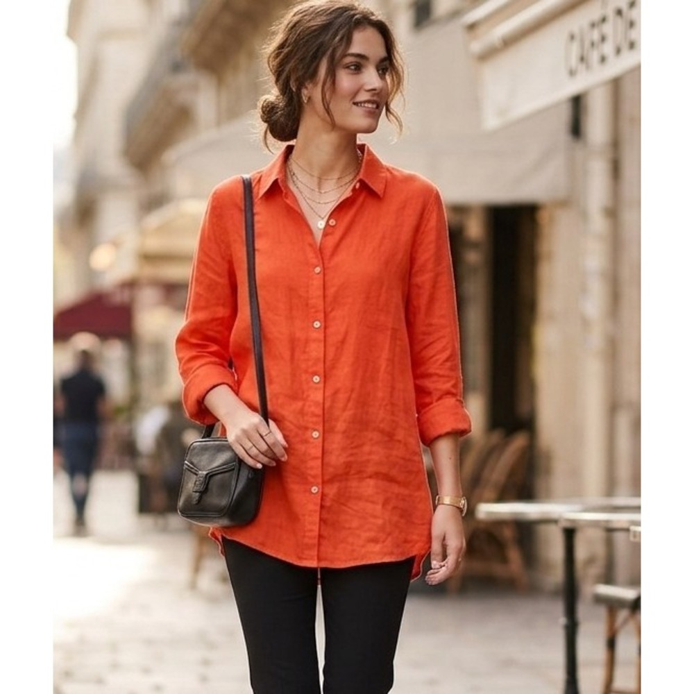 Jones & Co L Orange 100% Linen Roll‎ Tab Button Down Shirt Tunic Coastal Chic